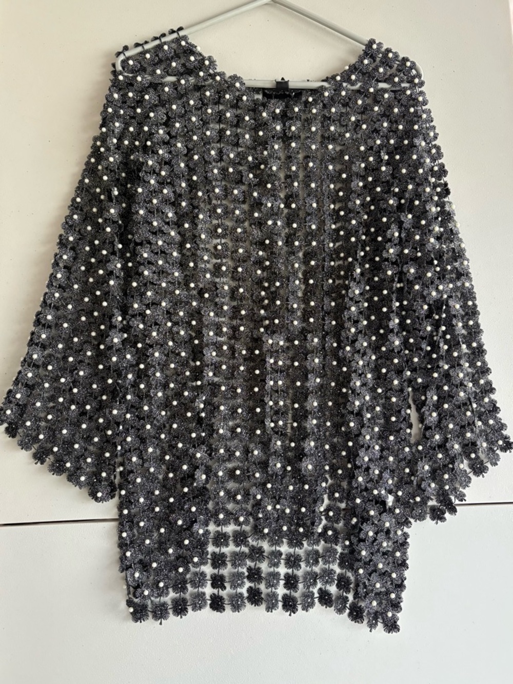 Boston Proper Black Crochet Cardigan with Pearl Accents